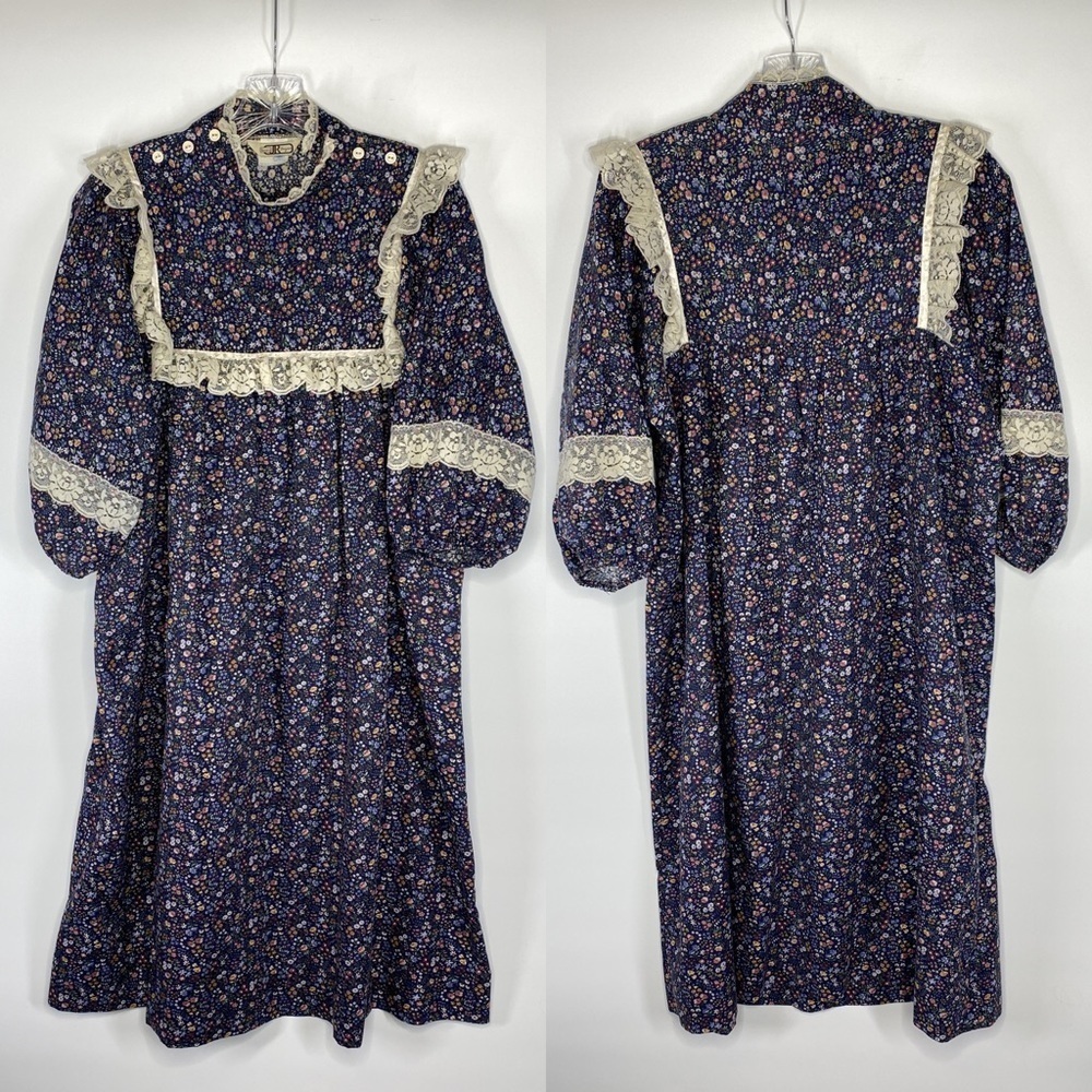 Vintage Sears JR Bazaar Prairie Floral Blue Lace Cottagecore Maxi Dress Large